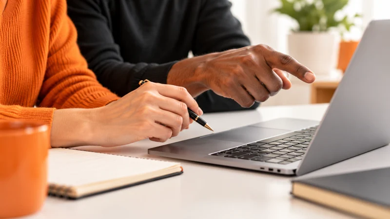 Mentor orientando empresários de perto em uma aula presencial